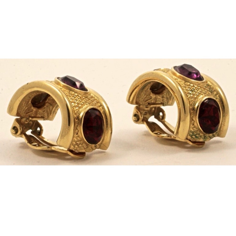 Givenchy Gold Plated Blue Purple Red Rhinestone Half Hoop Clip On Earrings - Picture 5 of 11